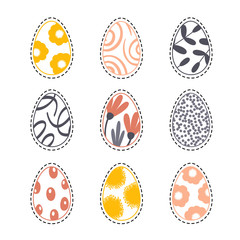 Cute colorful Easter eggs sticker patch set on white background.