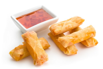 Fried spring roll Appertizers with sauce isolated on white background, close up