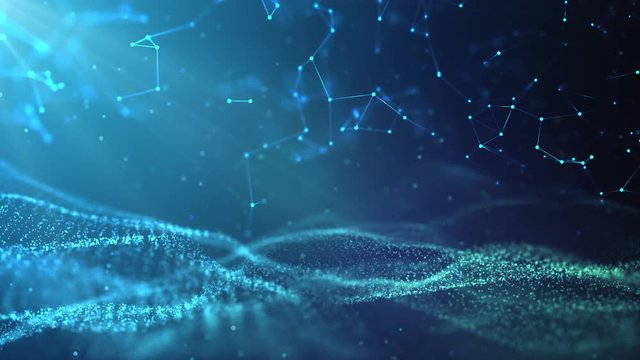 Fantasy blue textured abstract shape and light particles in organic motion.  3 d rendering.. Seamless Loop. 4 k