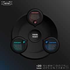 Vector infographic design with colorful circle on the black background. Business concept. 3 options, parts, steps. Can be used for graph, diagram, chart, workflow layout, number options, web