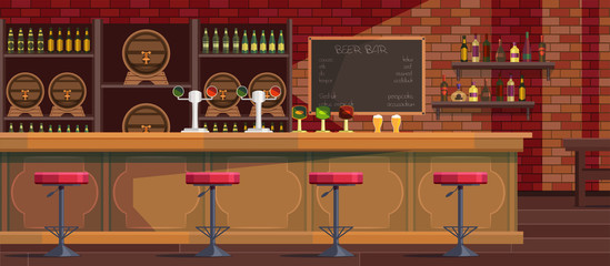 Beer bar interior cartoon vector illustration - obrazy, fototapety, plakaty