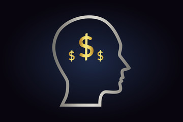 Silver silhouette of the head with golden dollars inside. Golden money signs in man's head. Lined head shape isolated on dark background. Abstract business logo for web and print.