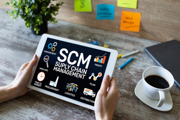 SCM - Supply Chain Management and business strategy concept on the screen.