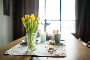 Background with cups and apple cake. tea party. charlotte pie. Table with flowers with copy space.