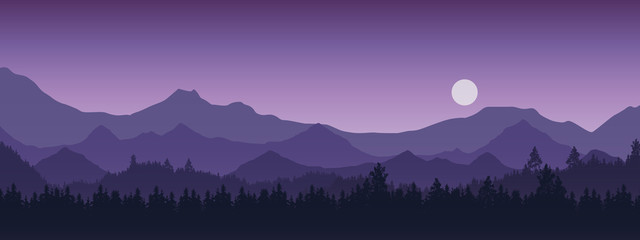 Wide realistic illustration of mountain landscape with forest and trees. Purple night sky with moon or sun, vector © Forgem