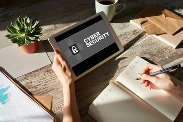 Data security, cyber protection, information privacy concept on device screen.
