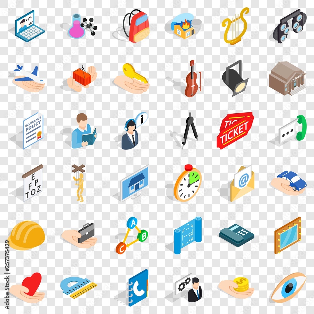 Poster work icons set. isometric style of 36 work vector icons for web for any design
