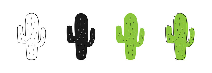 Isolated Cactus icons. Cactus vector icons. Set of different style cactus. Linear, web, flat and cartoon design