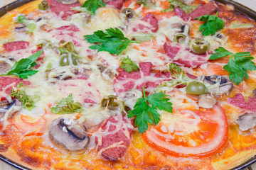 Fragment of cooked pizza with salami close-up