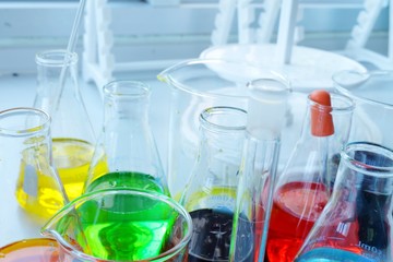 Chemical tube set development and pharmacy in laboratory  with multicolored substances in laboratory - Image