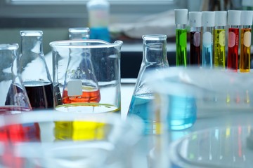 Chemical tube set development and pharmacy in laboratory  with multicolored substances in laboratory - Image