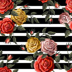 Seamless pattern with red roses on striped background. Vector.