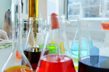 Chemical tube set development and pharmacy in laboratory  with multicolored substances in laboratory - Image