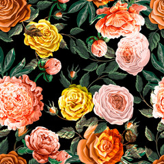 Seamless pattern with spring flowers  roses and peony. Vector.