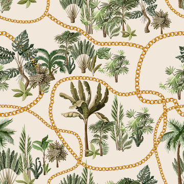Seamless pattern with exotic trees such us palm, monstera and banana with chains. © Yumeee