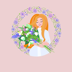cute girl with a bouquet of white, violet and pink flowers. placard or greeting card template with young girls