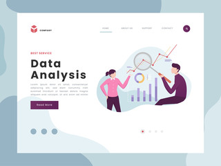 Vector Illustration idea concept for landing page template, People office worker man analyzing database with magnifier and women see the result of studying statistic and business report, Flat style.