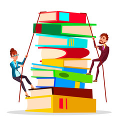 Business Training. Female And Male Business People Climbing Onto Large Stack Of Books Vector Flat Cartoon Illustration