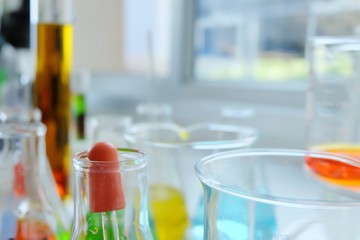 Chemical tube set development and pharmacy in laboratory  with multicolored substances in laboratory - Image