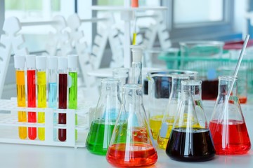 Chemical tube set development and pharmacy in laboratory  with multicolored substances in laboratory - Image