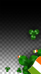 Vector Clover Leaf  and Ireland Flag Isolated on Transparent Background. St. Patrick's Day Illustration. Ireland's Lucky Shamrock Poster. Invitation for Irish Concert in Pub. Tourism in Ireland.