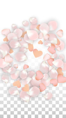 Vector Realistic Petals and Hearts Confetti. Flying Sakura and Hearts on Transparent Background. Wedding Invitation Background. Spring Romance Poster. Vector Illustration for Anniversary Design.