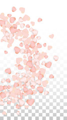 Love Hearts Confetti Falling Background. St. Valentine's Day pattern Romantic Scattered Hearts. Vector Illustration for Cards, Banners, Posters, Flyers for Wedding, Anniversary, Birthday Party, Sales.