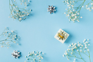 Blue fashion, flowers flat lay background