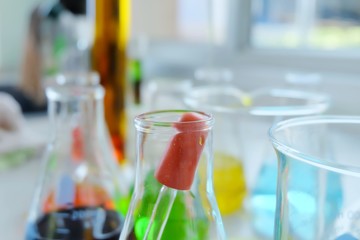 Chemical tube set development and pharmacy in laboratory  with multicolored substances in laboratory - Image