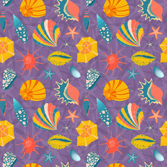 Starfish and seashells pattern in vintage colors. Ocean life aquatic seamless background with pearl sea shells, mollusks and clams for fabric and wrapping paper.