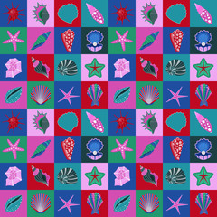 Starfish and seashells pattern with squares. Ocean life aquatic seamless background with pearl sea shells, mollusks and clams for fabric and wrapping paper.