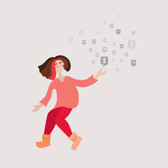 Social networks and media services by subscription, concept. Cute young woman in sweater and lots of social contacts