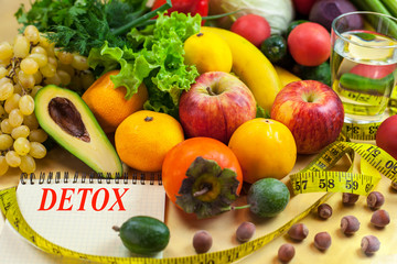 Concept of diet, word time to detox written in a notebook. Vegetables and fruits: Aavakado, figs, feijoa, cleansing the body, healthy eating.