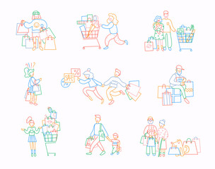 Set of people with purchases. Thin line flat design, vector illustrations in bright colours.
