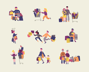 Set of people with purchases at shopping. Flat design, vector illustrations