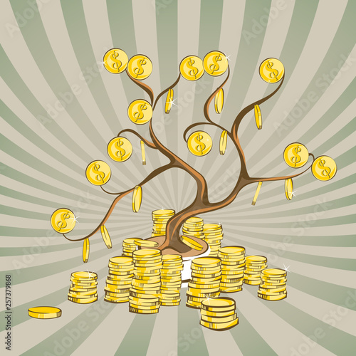 Money Tree With Golden Coins In Retro Cartoon Style Stock Photo And - money tree with golden coins in retro cartoon style