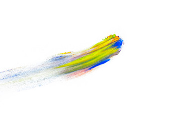 Abstract smear with finger made of multicolored pigment, isolated on white. Mixed bright eye shadow. Natural colored powder.