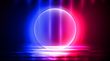 Neon circle, neon lights. Neon circle with the center of a dark empty scene with spotlights. Abstract light. Night view.