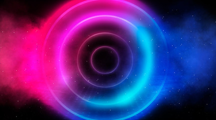 Neon circle, neon lights. Neon circle with the center of a dark empty scene with spotlights. Abstract light. Night view.