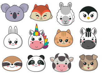 Vector collection of cute animal faces, big icon set for baby design