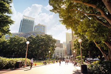 SYDNEY, AUSTRALIA November 20, 2017: Sun rays on trees of Hyde Park, in the background the city skyscrapers. Tourists and residents walk in the park - 257381050