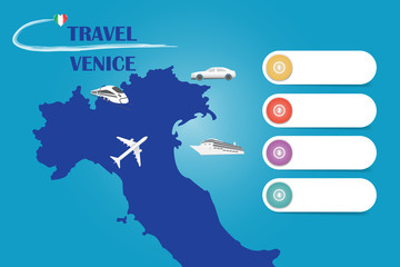 Travel Venice template vector for travel agencies etc. Vector showing the plane, car, train and ship approaching the blind map of Italy. Four blank labels are ready for your text.