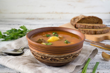 Traditional Hungarian Goulash soup with parsley and green onions in a bowl on a white and brown rustic background with copy space