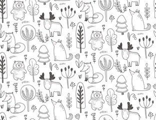 Vector seamless pattern with hand drawn wild forest animals,