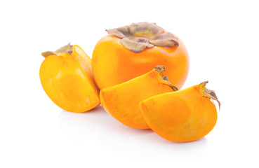 Tropical fruit persimmon. Kaki with leaves on white background.