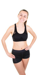 Fototapeta na wymiar Smiling woman with beautiful body after diet in white background