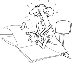 An angry man is reading a journal