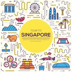 Country Singapore travel vacation guide of goods, place and feature. Set of architecture, fashion, people, item, nature background concept. Infographic traditional ethnic flat, outline, thin line icon