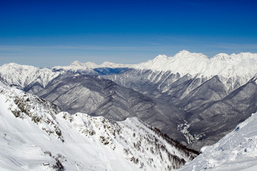 Fototapeta na wymiar Amazing view of the Caucasus mountains in the ski resort Rosa Khutor Russia