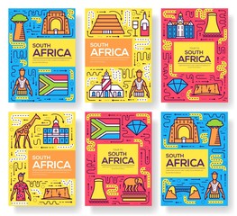 South Africa vector brochure cards thin line set. Country template of flyear, magazines, posters, book cover, banners. Layout culture outline illustrations modern pages